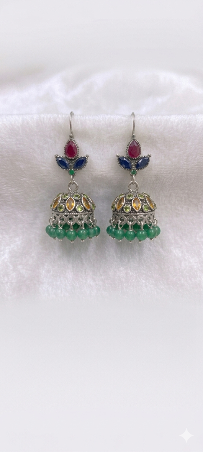 Jhumka Earrings with Colorful Stone Accents