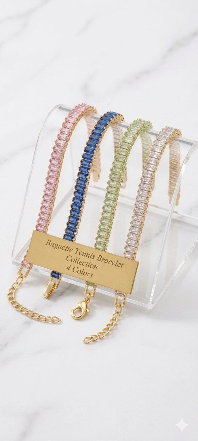 Elegant Multi-Color Baguette Crystal Tennis Bracelet Collection on Marble