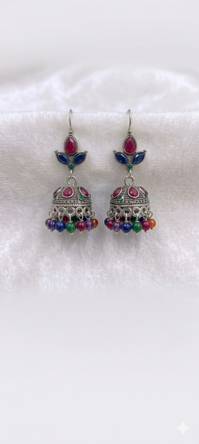 Jhumka Earrings with Colorful Stone Accents