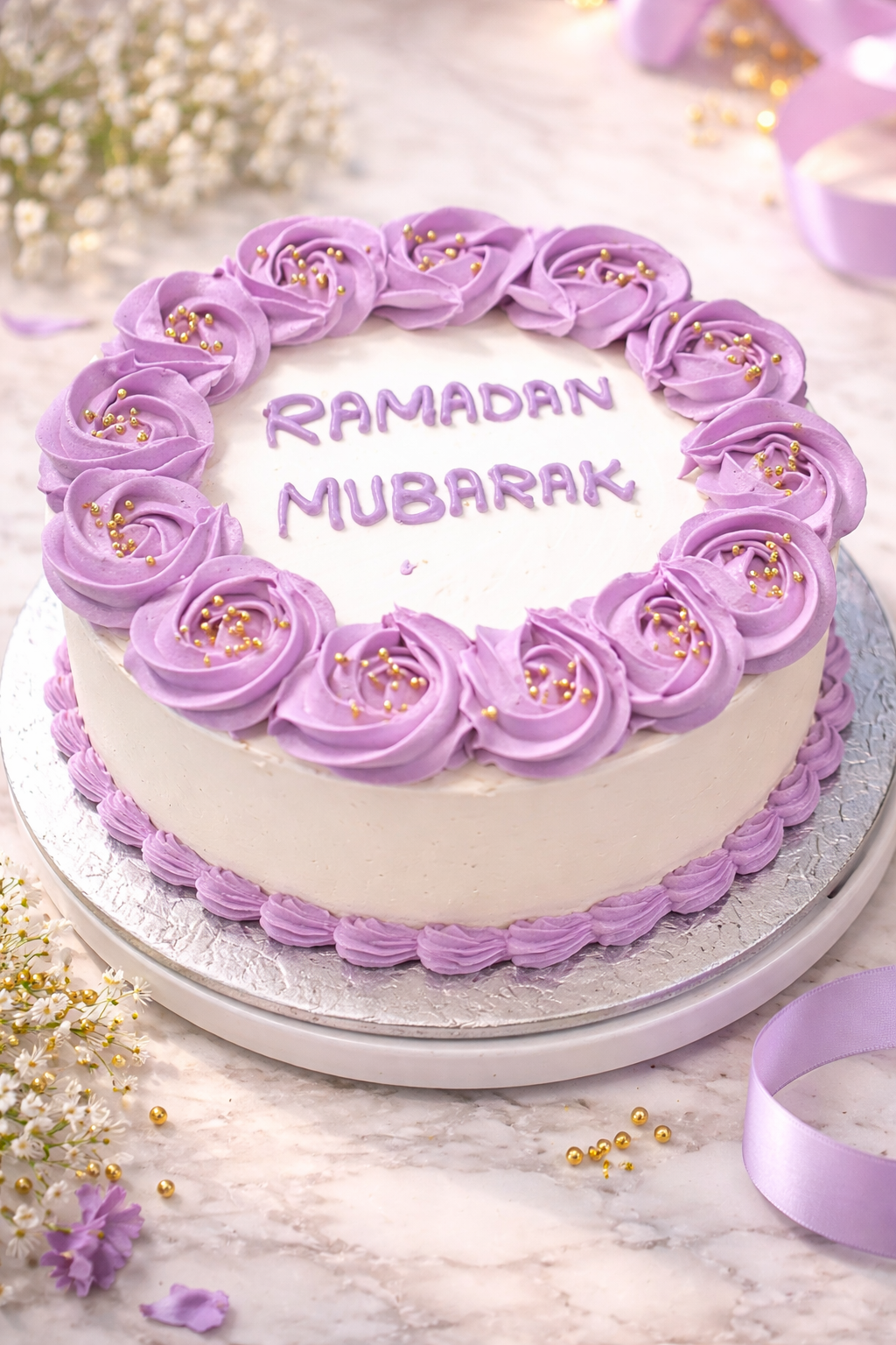 Ramadan Mubarak Celebration Cake with Candles – Elegant Lavender Design