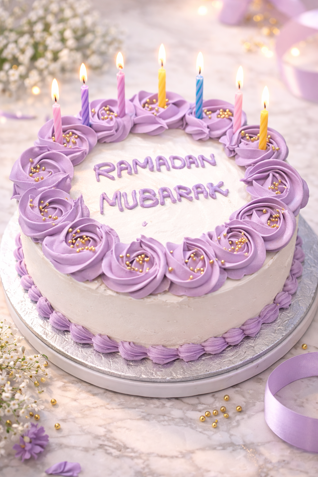 Ramadan Mubarak Celebration Cake with Candles – Elegant Lavender Design