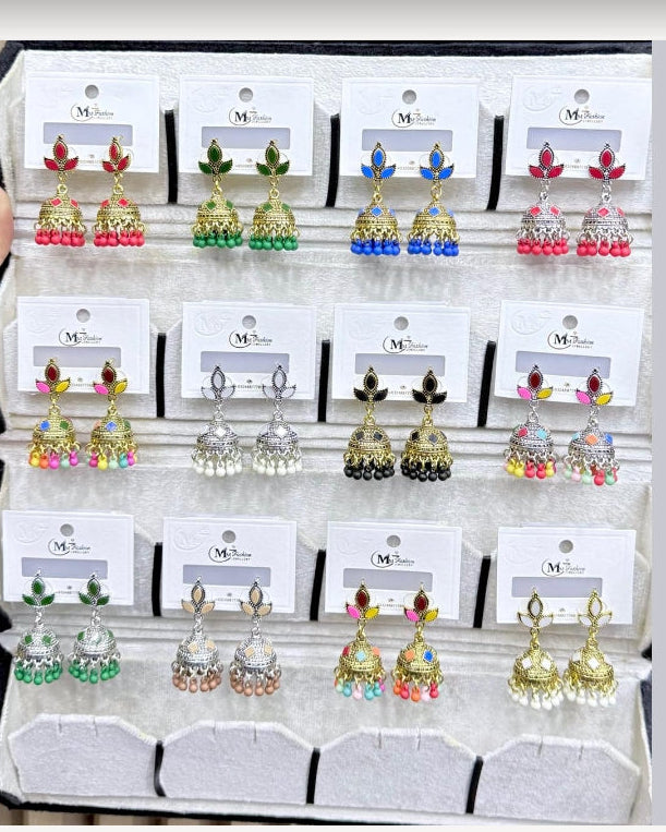 Jhumka Earrings with Colorful Stone Accents