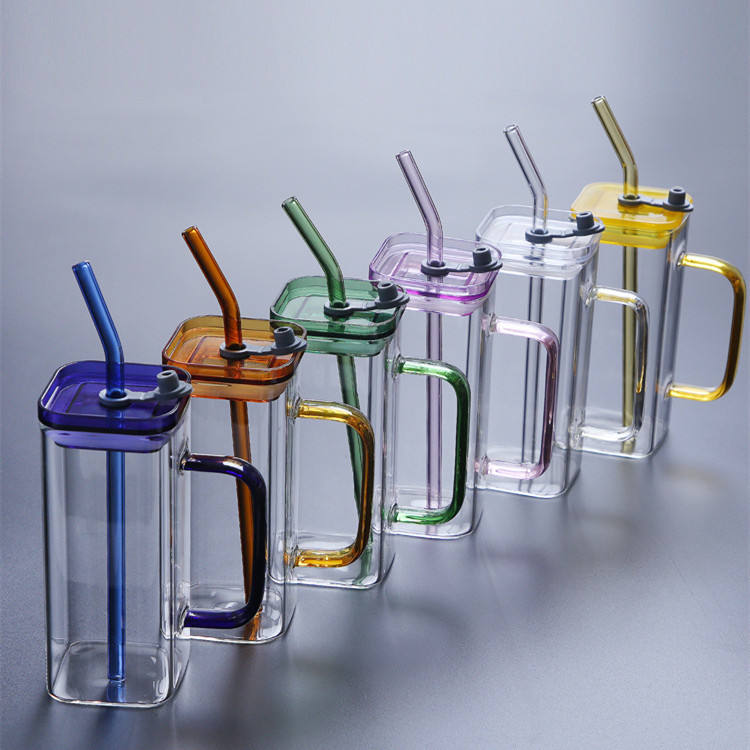 Transparent Square Tumbler Drinking Glass with Glass Straw