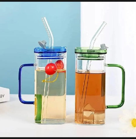 Transparent Square Tumbler Drinking Glass with Glass Straw