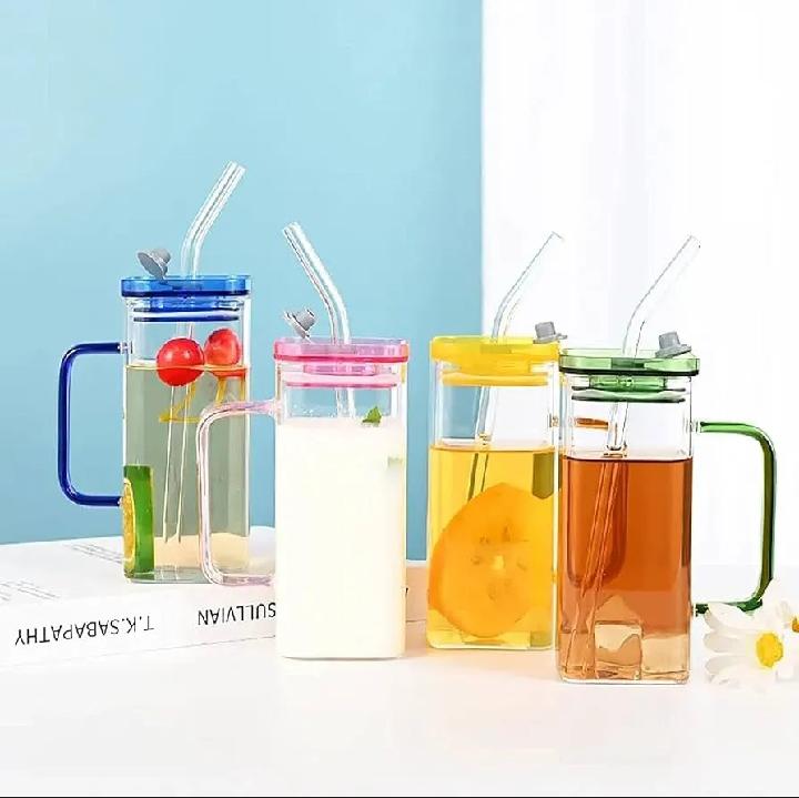 Transparent Square Tumbler Drinking Glass with Glass Straw