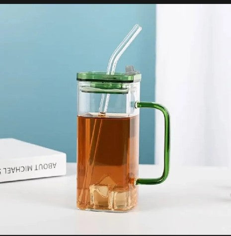 Transparent Square Tumbler Drinking Glass with Glass Straw